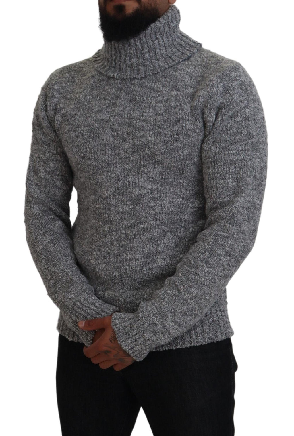 Pull à col roulé en laine gris de Dolce & Gabbana, pull-over élégant en tricot chaud pour homme.