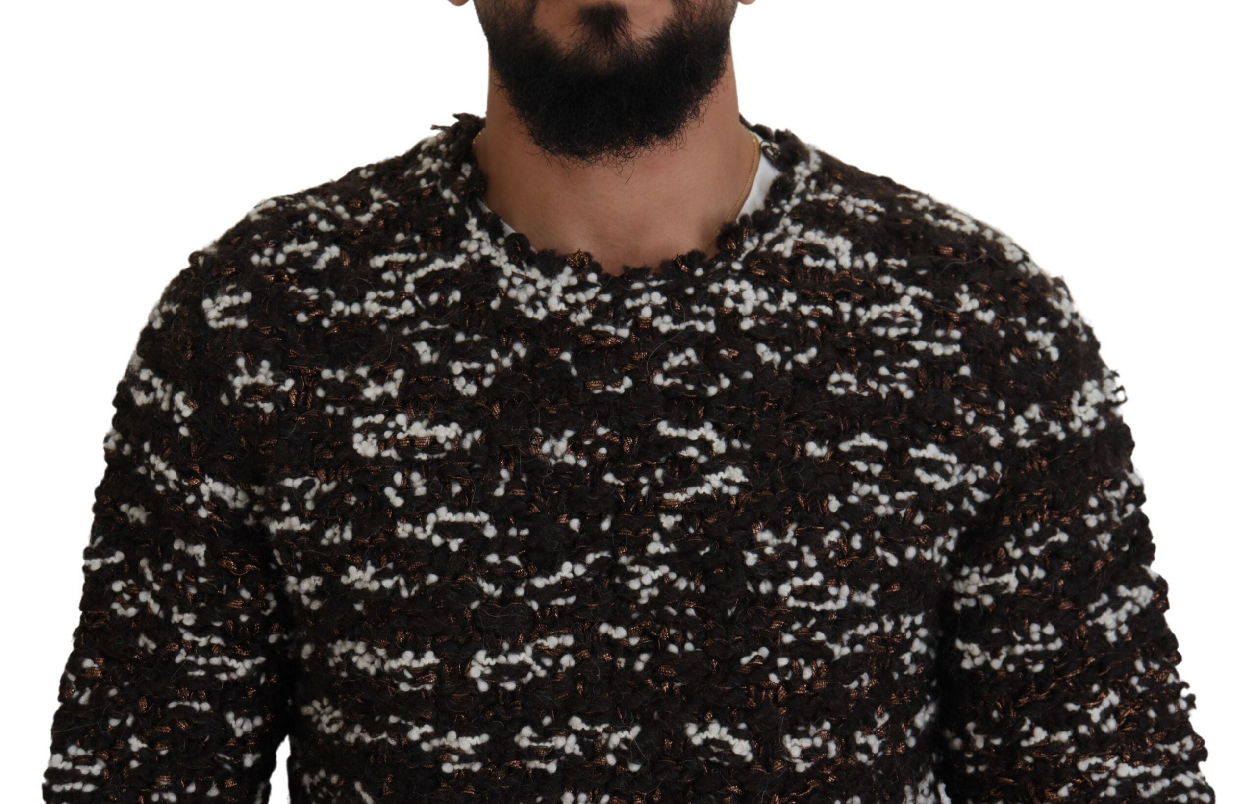 Pull en laine marron Dolce & Gabbana, tricoté à la main, avec détails texturés et coupe classique.