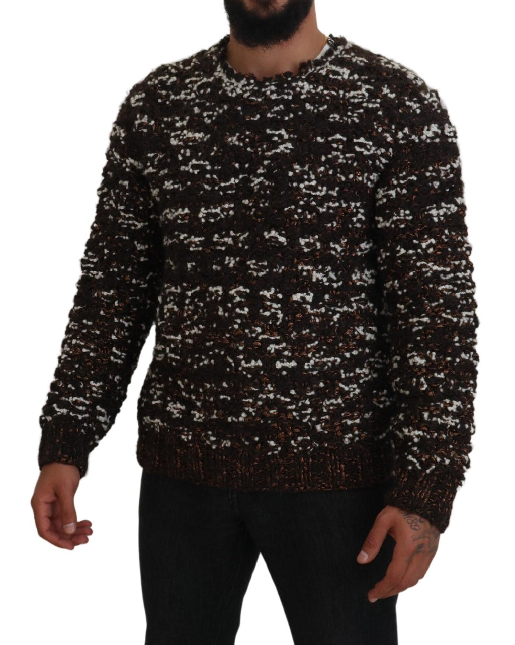 Pull en laine marron fait main Dolce & Gabbana, tricoté et chaud, avec détails de texture visible.