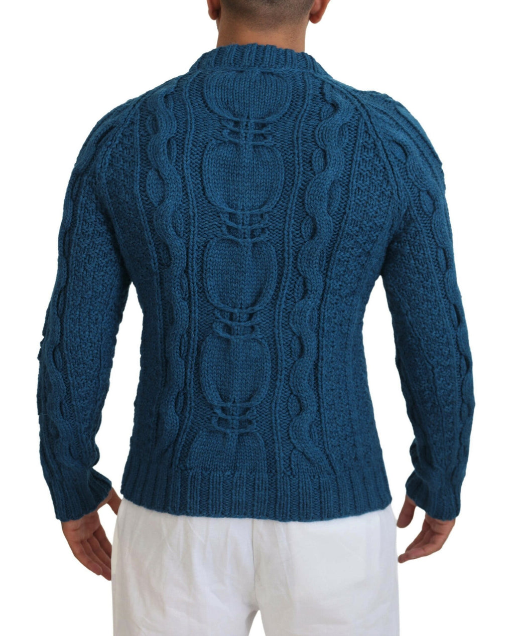 Pull en laine alpaga bleu Dolce & Gabbana, pull en maille tricotée, détail élégant et confort visible sur l'image.