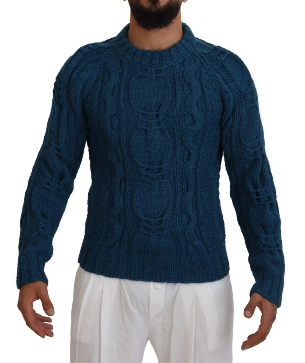Pull en laine alpaga bleu Dolce & Gabbana, tricoté, avec col rond et manches longues, vue de face.