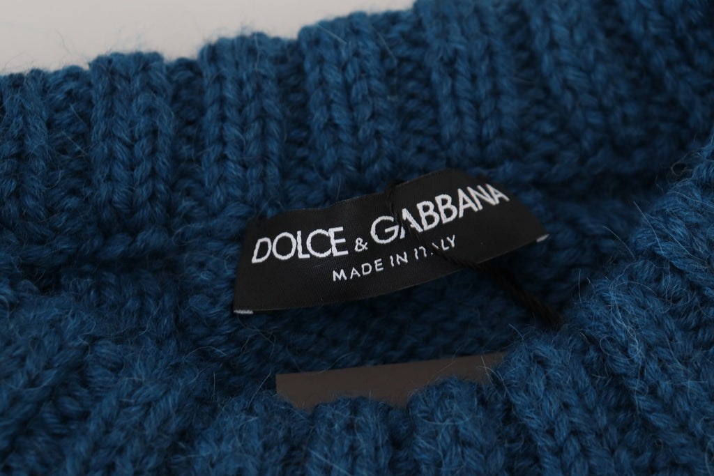 Pull-over en laine et alpaga bleu Dolce & Gabbana avec tricotage fin, porté par un mannequin.