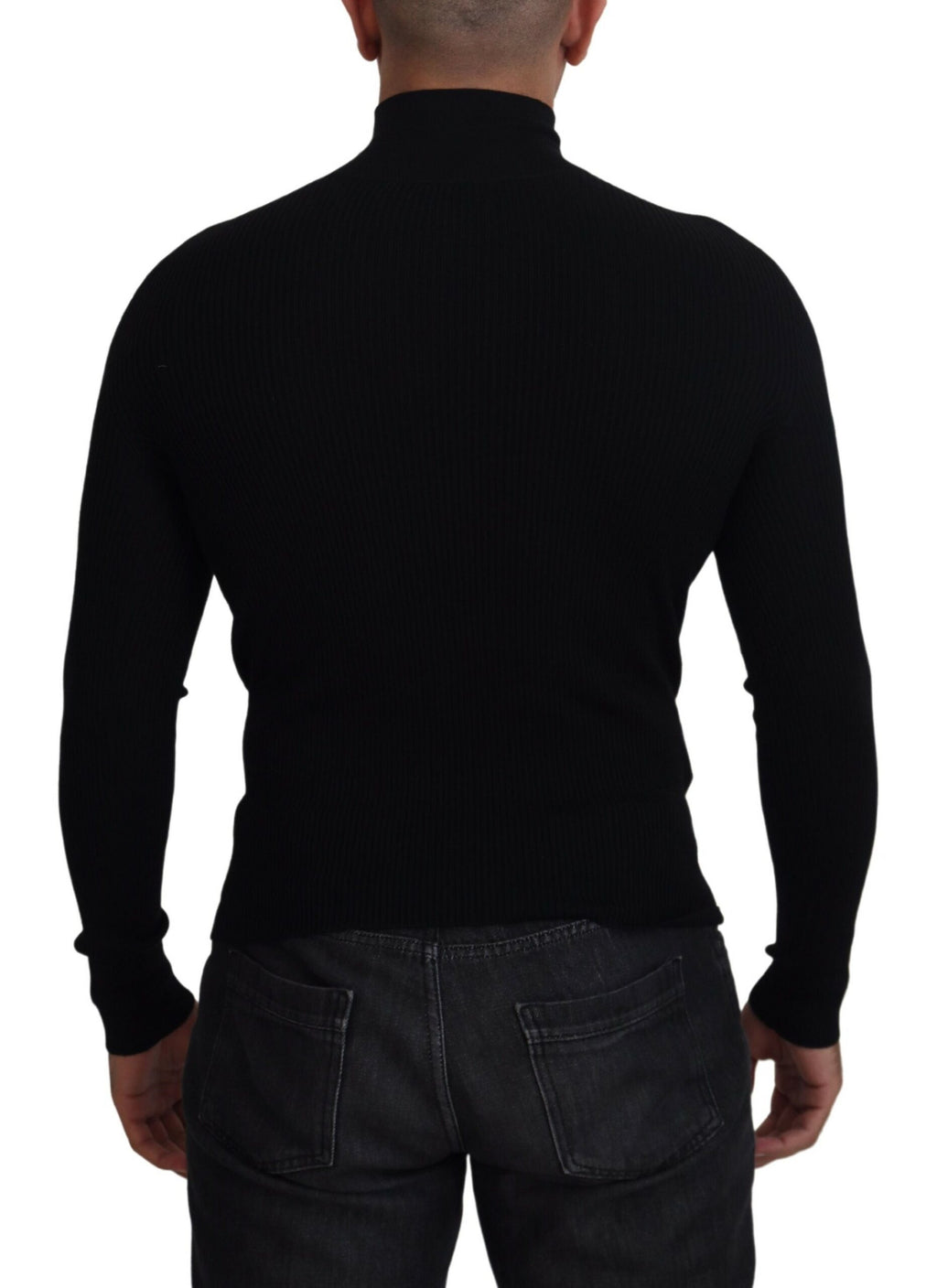 Pull en laine noir Dolce & Gabbana, col roulé à demi-zip, sweatshirt élégant avec détails subtils, vue de face.