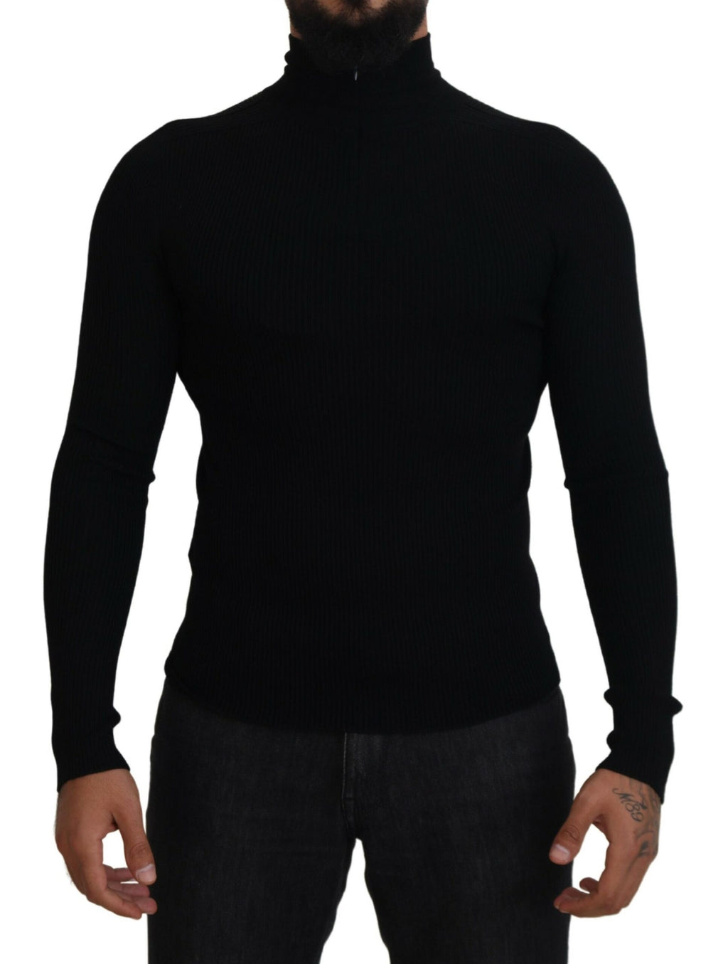Pull-over noir Dolce & Gabbana à col roulé mi-zippé, confortable et élégant, en tissu doux et extensible.