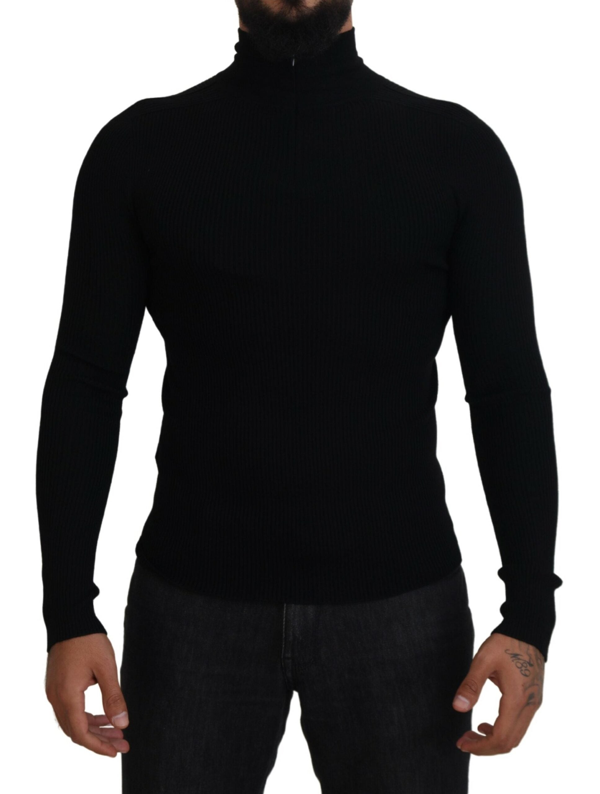 Pull-over noir Dolce & Gabbana à col roulé mi-zippé, confortable et élégant, en tissu doux et extensible.