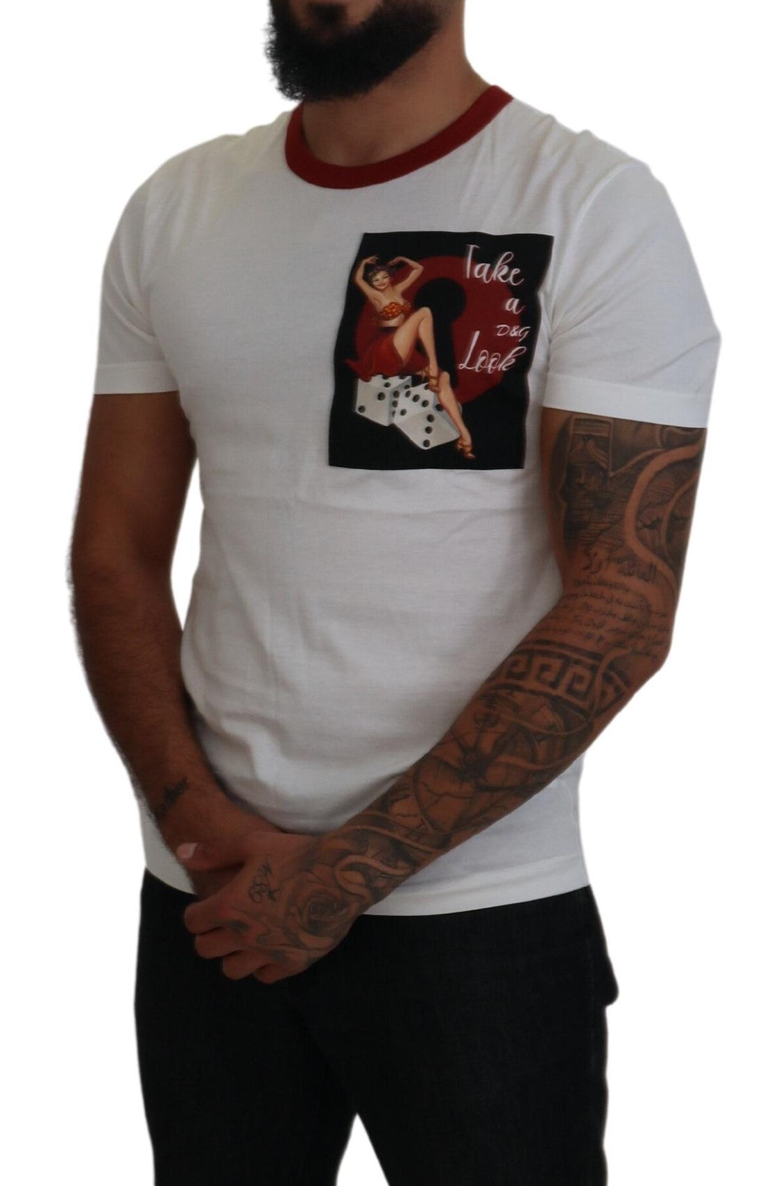 T-shirt blanc en coton Dolce & Gabbana avec logo imprimé, col rond, style décontracté, vue de face.
