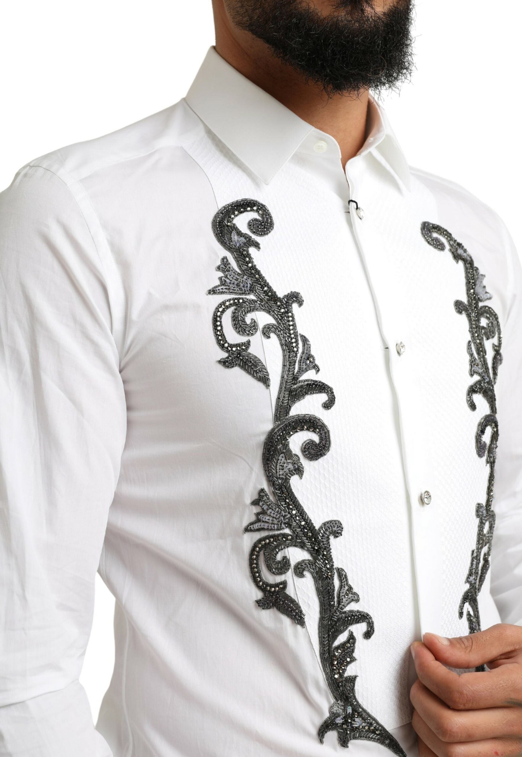 Chemise blanche Dolce & Gabbana Tuxedo Slim Fit Baroque avec motifs or, vue de face.