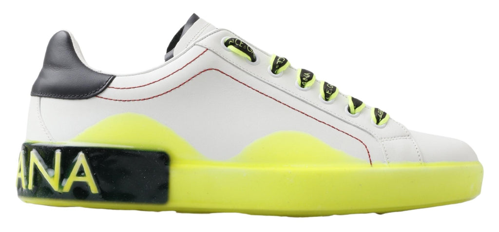 Chaussures sneakers en cuir blanc et jaune Portofino de Dolce & Gabbana, chaussures de mode élégantes et modernes.