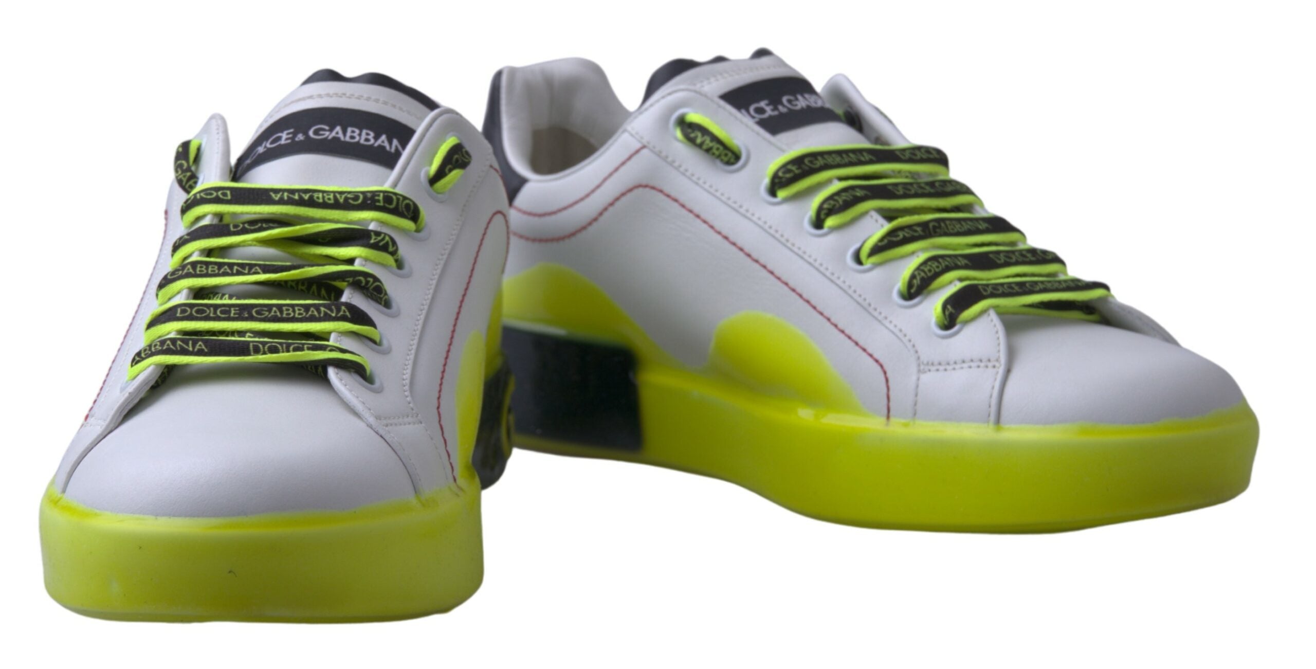 Chaussures sneakers en cuir blanc et jaune Portofino de Dolce & Gabbana, vue de face.