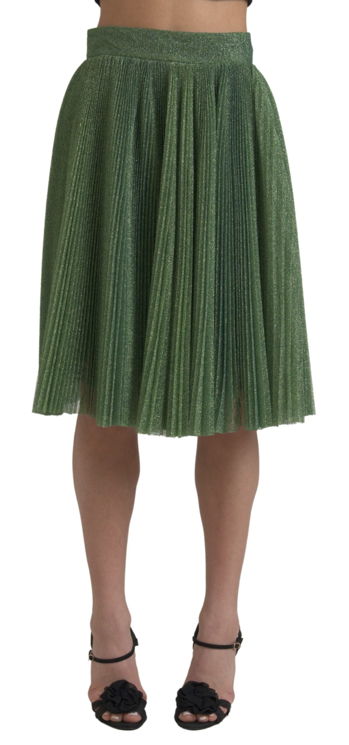 Jupe longue plissée à taille haute en métal vert de Dolce & Gabbana, silhouette élégante et tendance.