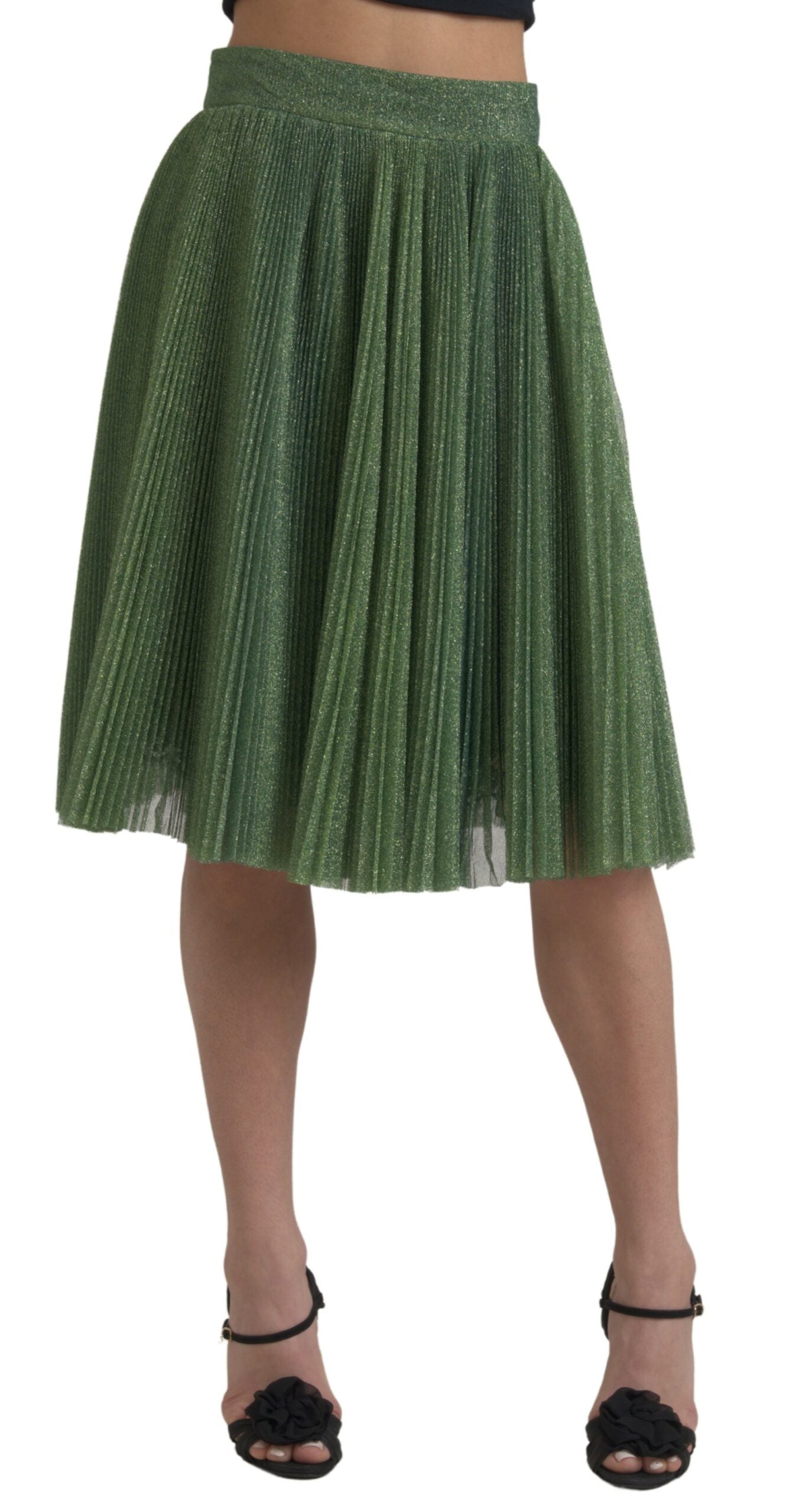 Jupe plissée verte métallisée à taille haute de Dolce & Gabbana, coupe en ligne A élégante.