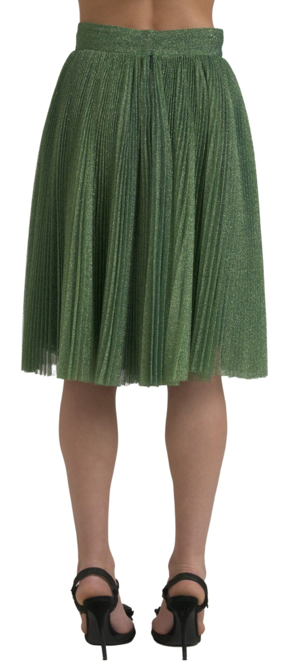 Jupe plissée haute taille en métal vert Dolce & Gabbana, coupe évasée et style élégant visible sur l'image.