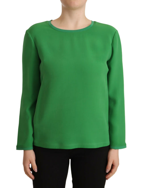 Pull en soie verte Armani à manches longues et col rond, douceur élégante pour un style sophistiqué.