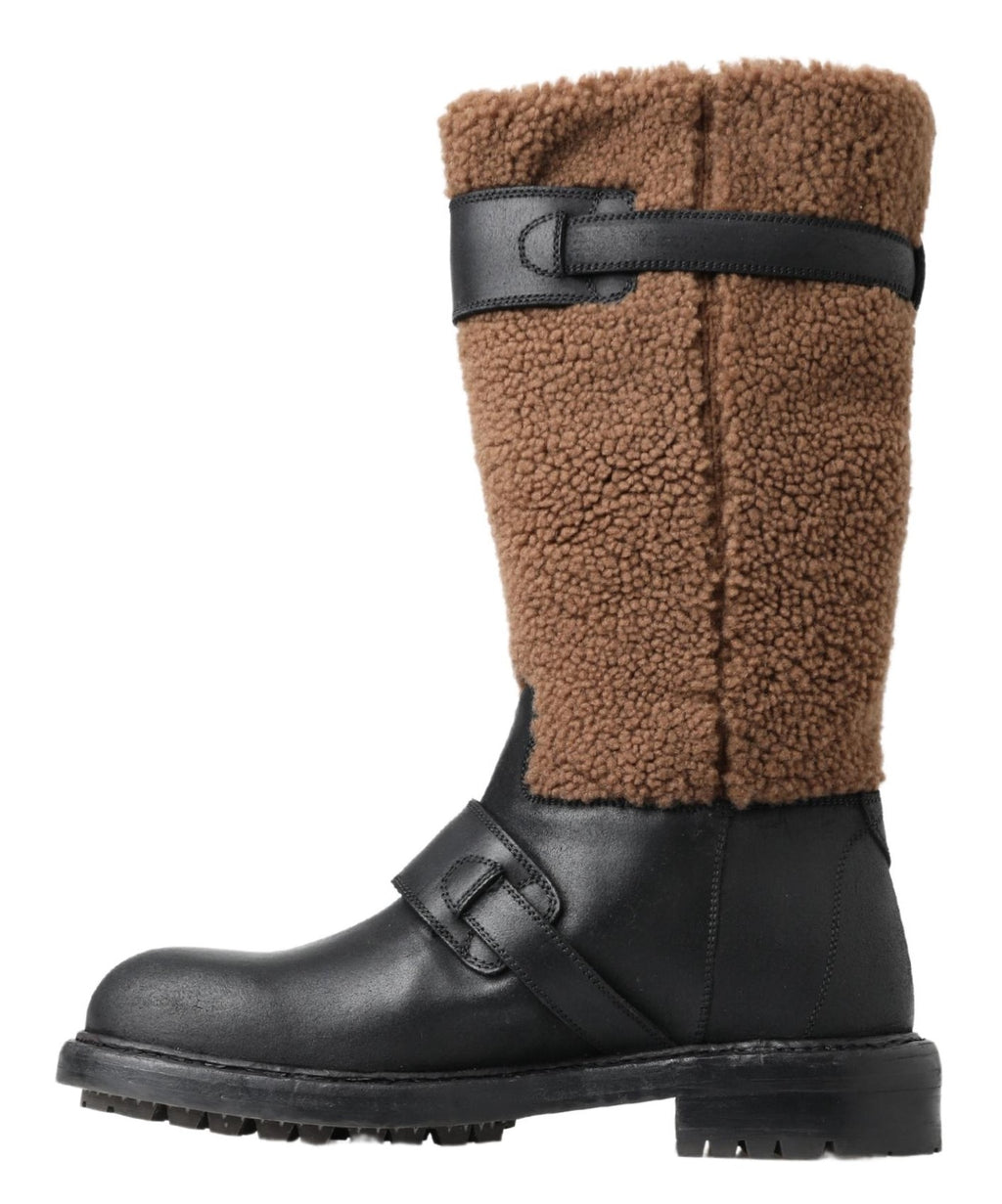 Bottes en cuir noir et shearling marron de Dolce & Gabbana, chaussures élégantes pour hiver.