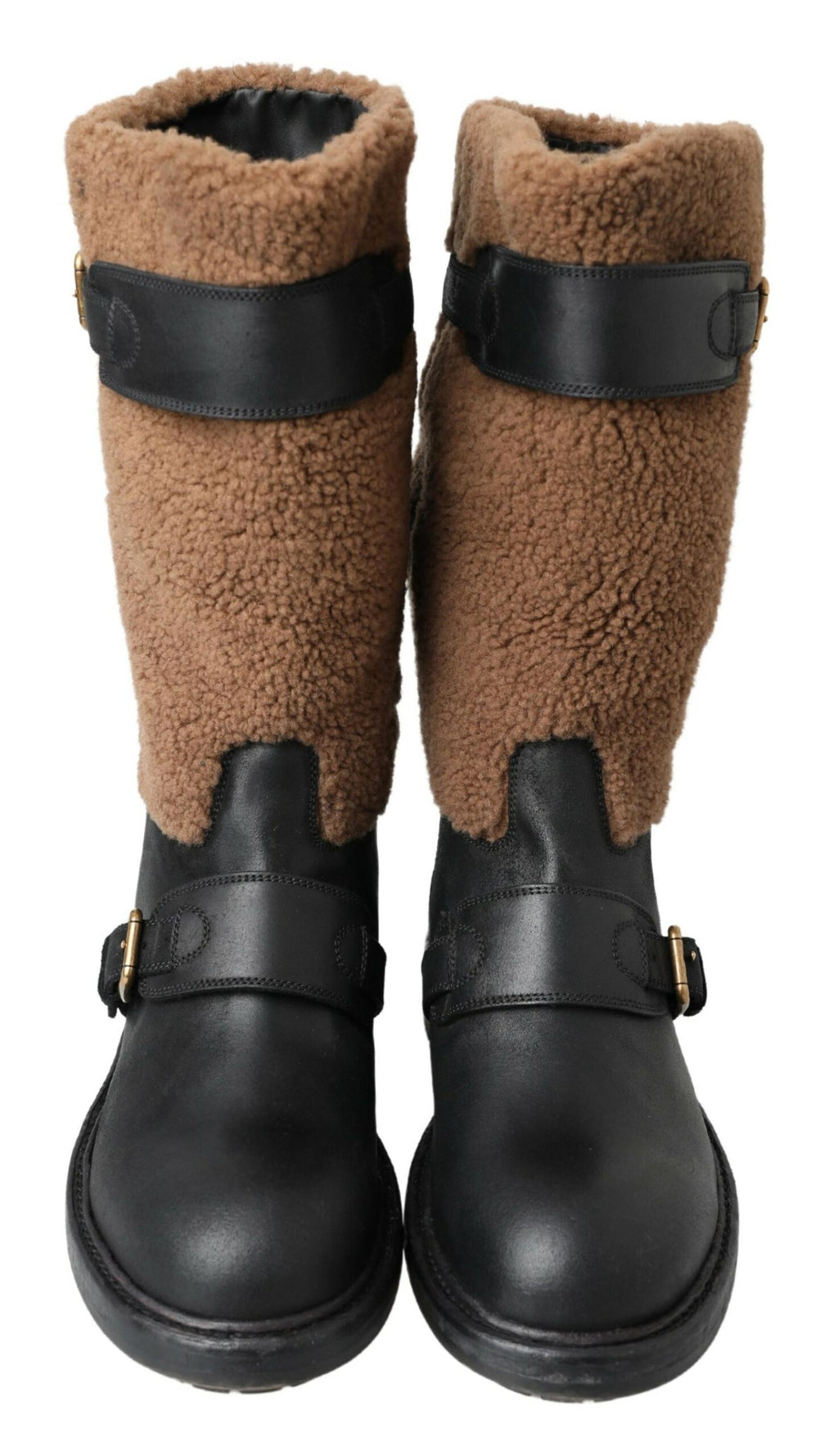 Bottes en cuir noir et shearling marron de Dolce & Gabbana, chaussures élégantes pour l'hiver avec doublure chaude.