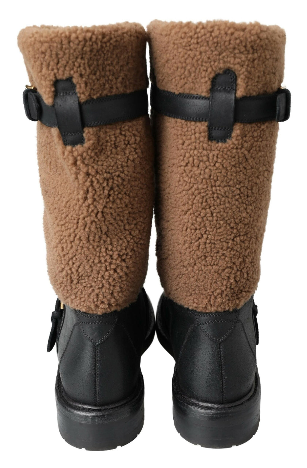 Bottes en cuir noir et shearling marron de Dolce & Gabbana, chaussures élégantes pour l'hiver avec doublure chaude.