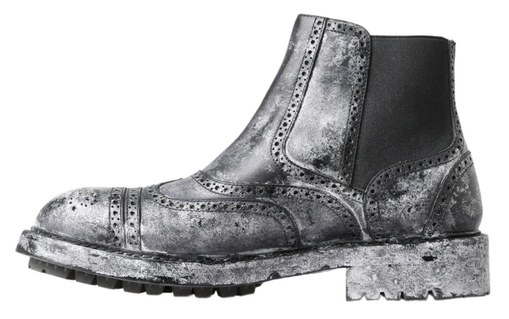 Bottes ankle en cuir noir et gris de Dolce & Gabbana, élégantes avec semelle en cuir et design sophistiqué.