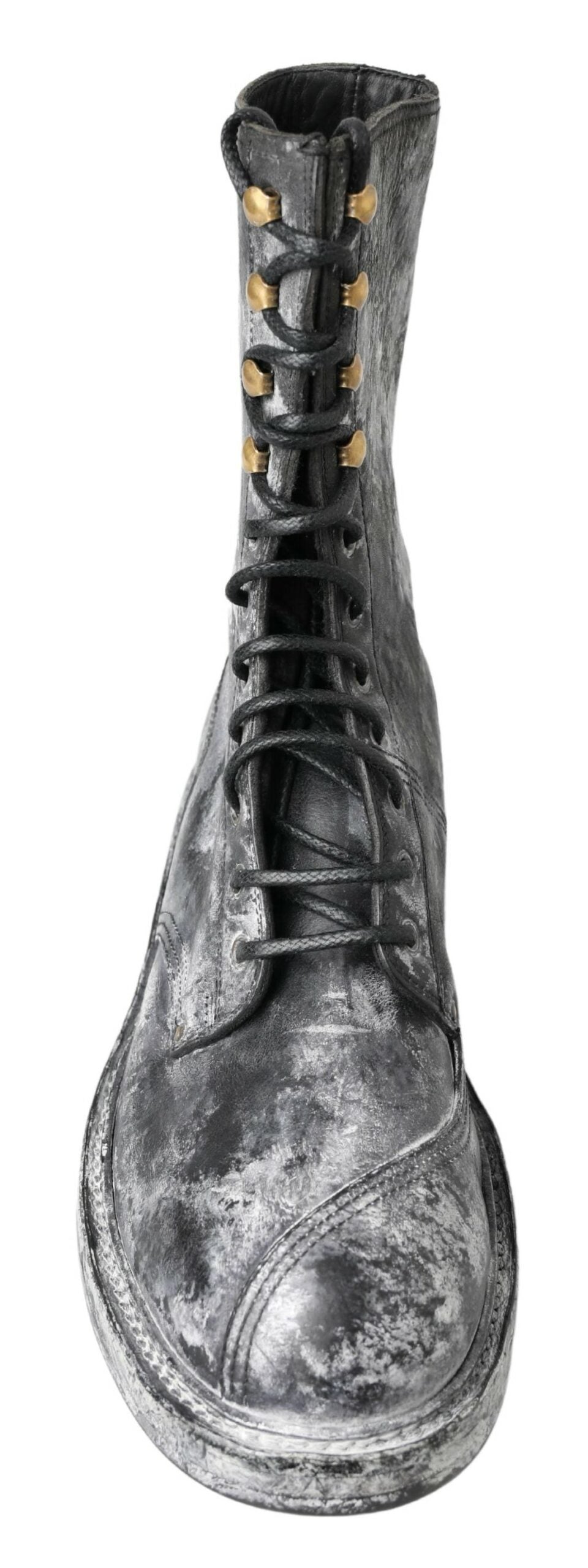Bottes en cuir noir et gris Dolce & Gabbana, mi-mollet, avec semelle résistante, élégantes et sophistiquées.