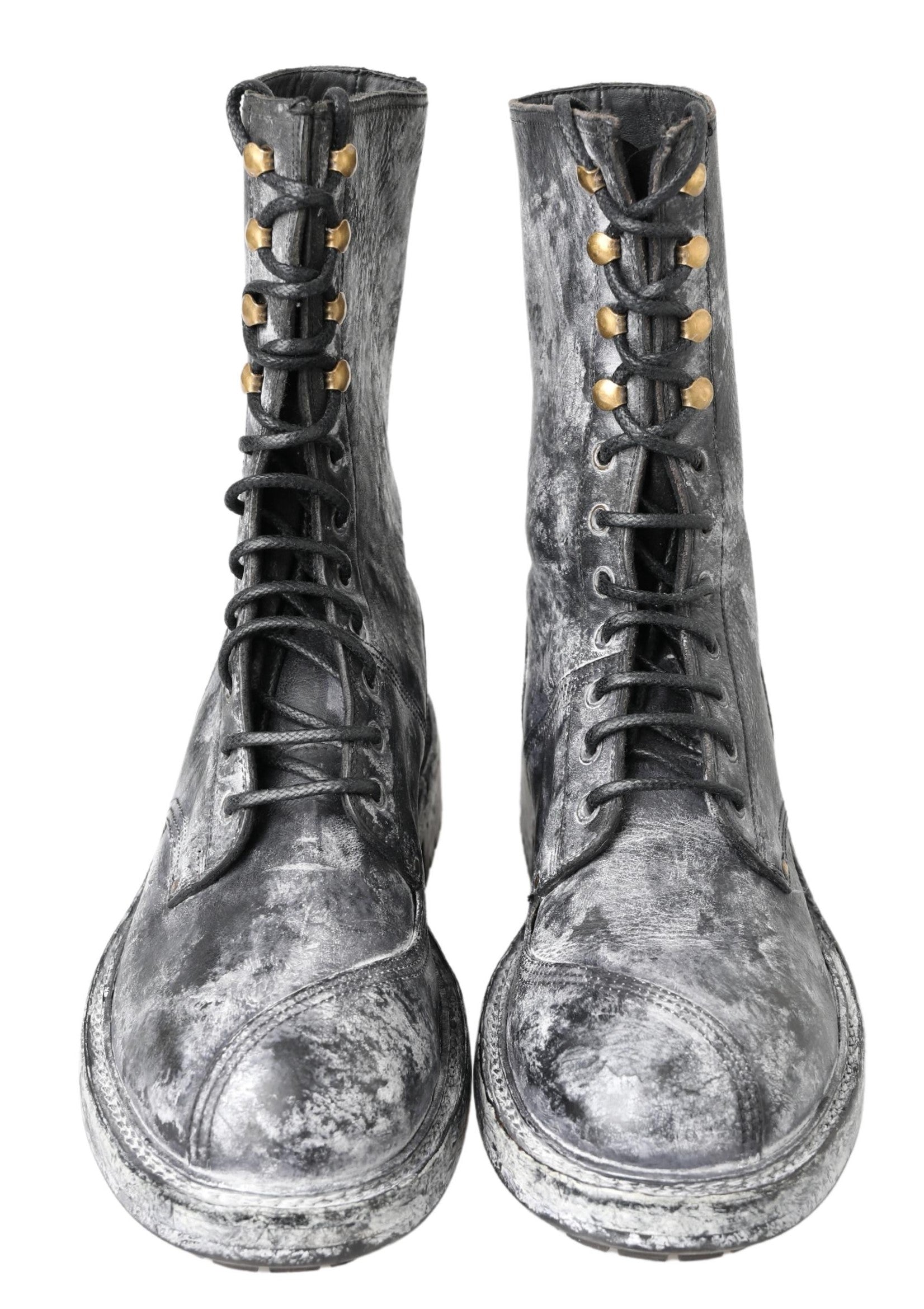 Bottes en cuir noir et gris Dolce & Gabbana, mi-mollet, pour femmes, avec design élégant et talons moyens.