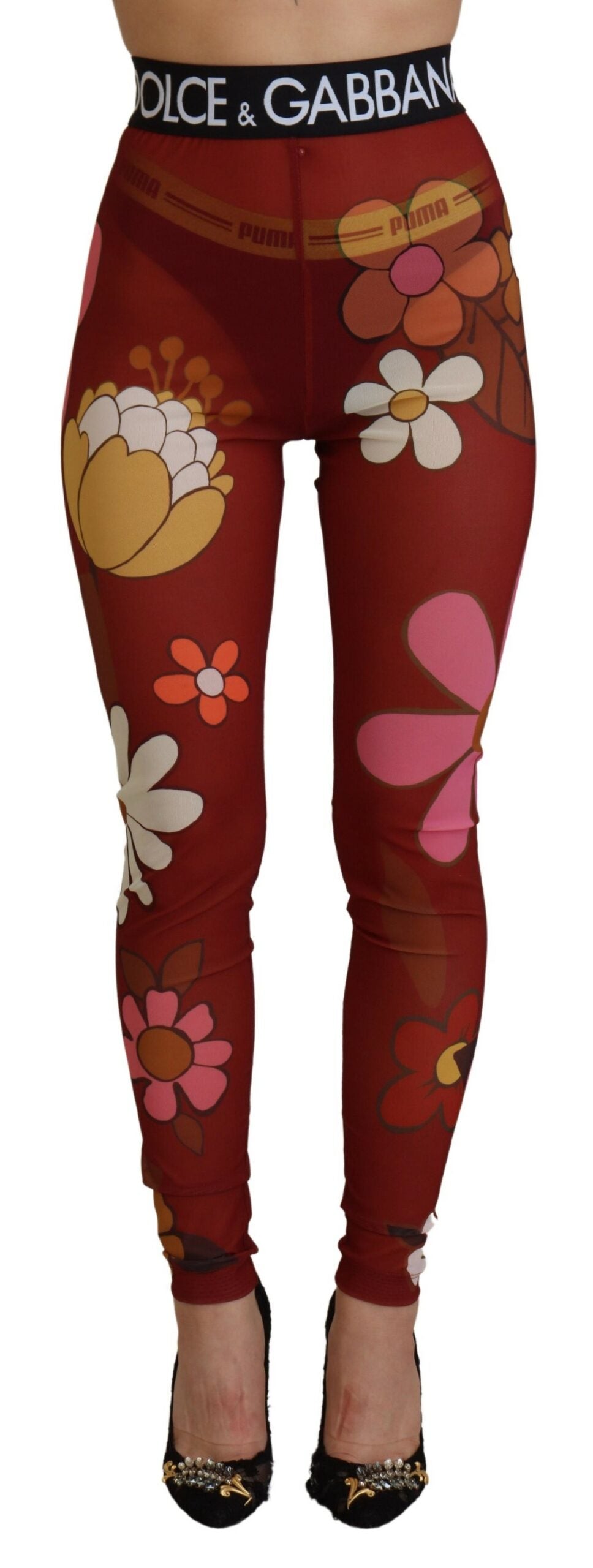 Leggings à fleurs rouges Dolce & Gabbana, pantalons extensibles à taille élastique, mode élégante et confortable.