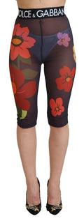 Leggings noires Dolce & Gabbana avec motif floral, taille stretch, pantalon confortable et élégant pour femmes.