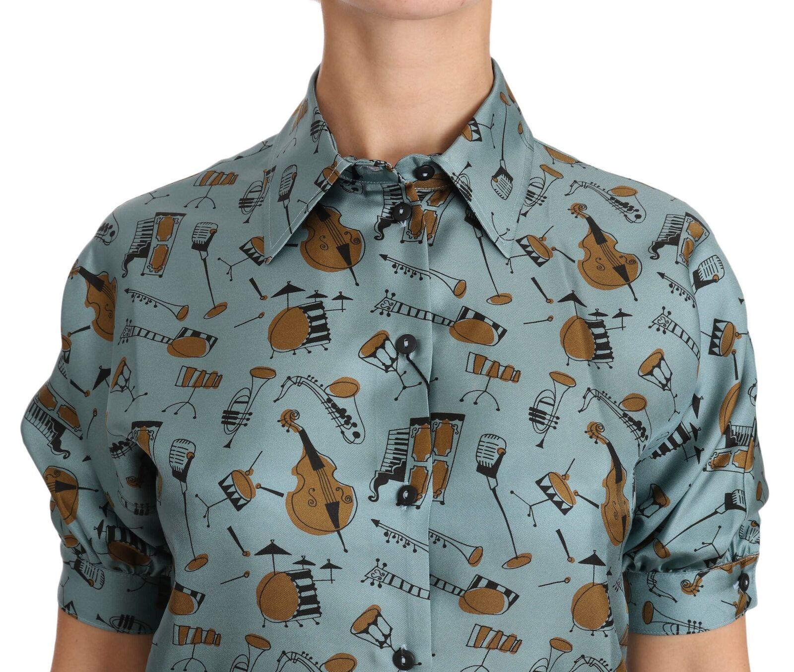 Chemise courte en soie Dolce & Gabbana à motifs multicolores d'instruments de musique, manches courtes, style élégant et coloré.