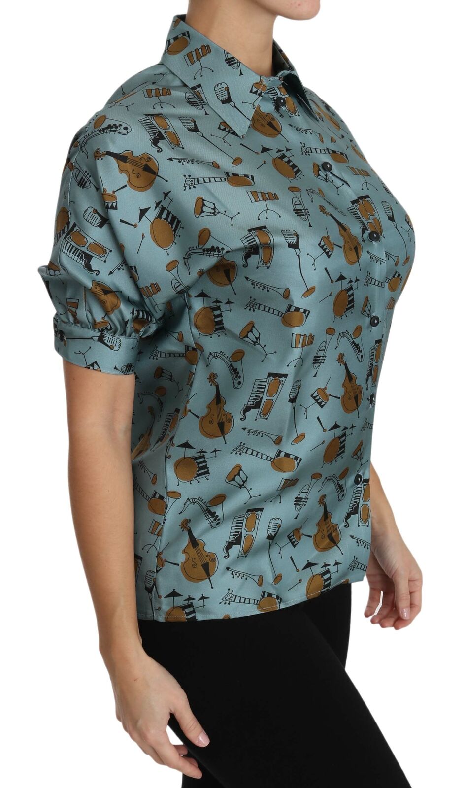 Chemise courte en soie Dolce & Gabbana avec motifs multicolores d'instruments de musique, manches courtes et design élégant.