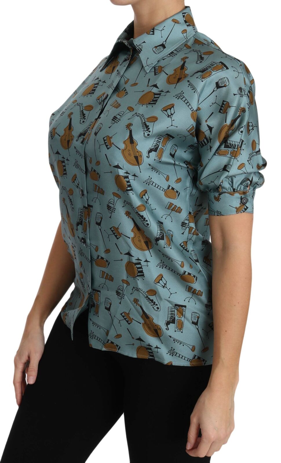 Chemise homme Dolce & Gabbana en soie à manches courtes avec motif d'instruments de musique multicolores.