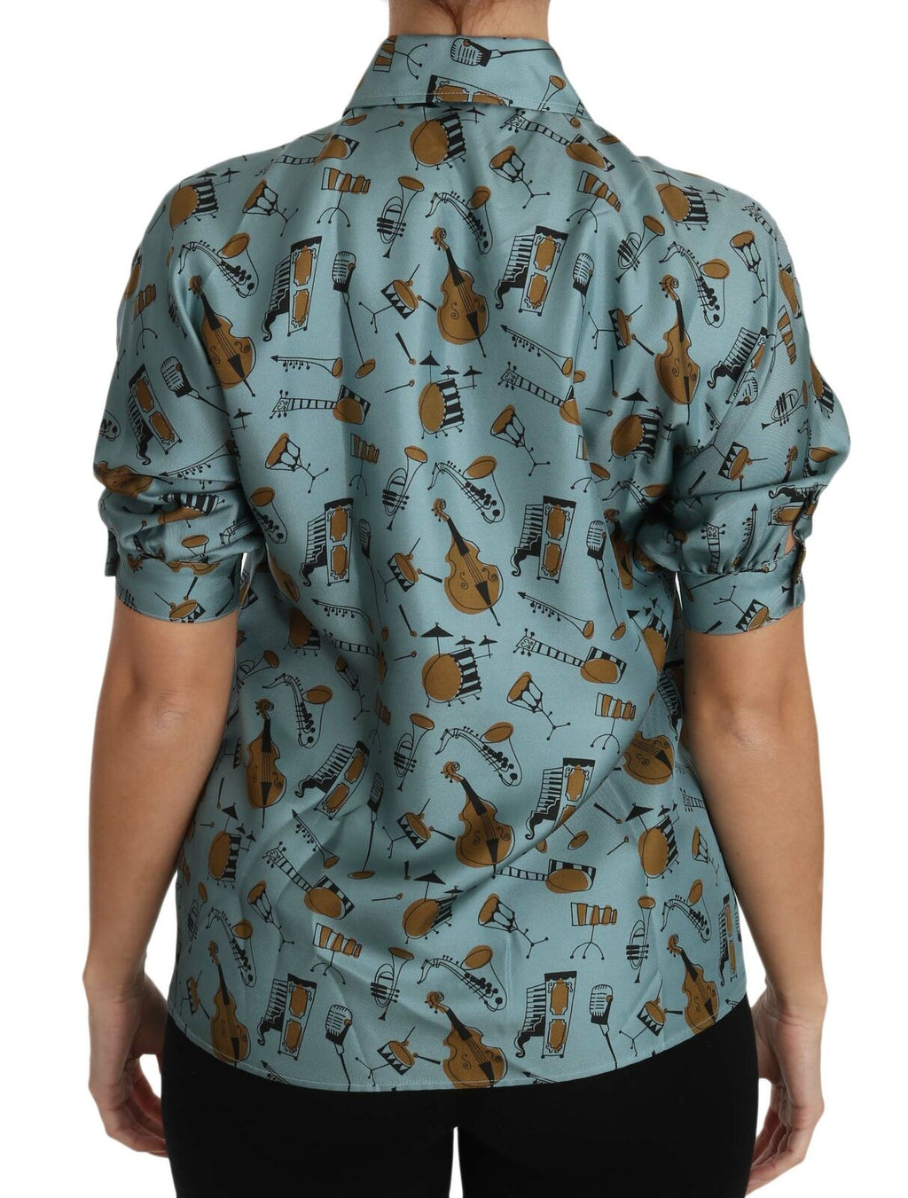 Chemise à manches courtes en soie Dolce & Gabbana avec motif d'instruments de musique multicolores.