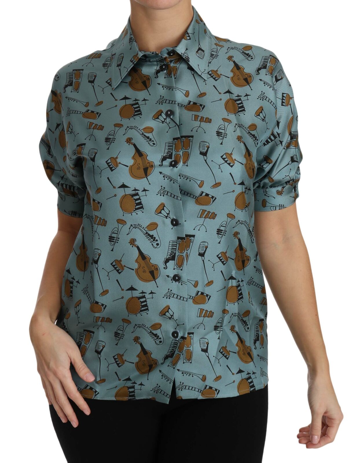 Chemise à manches courtes en soie Dolce & Gabbana avec motifs multicolores d'instruments de musique.