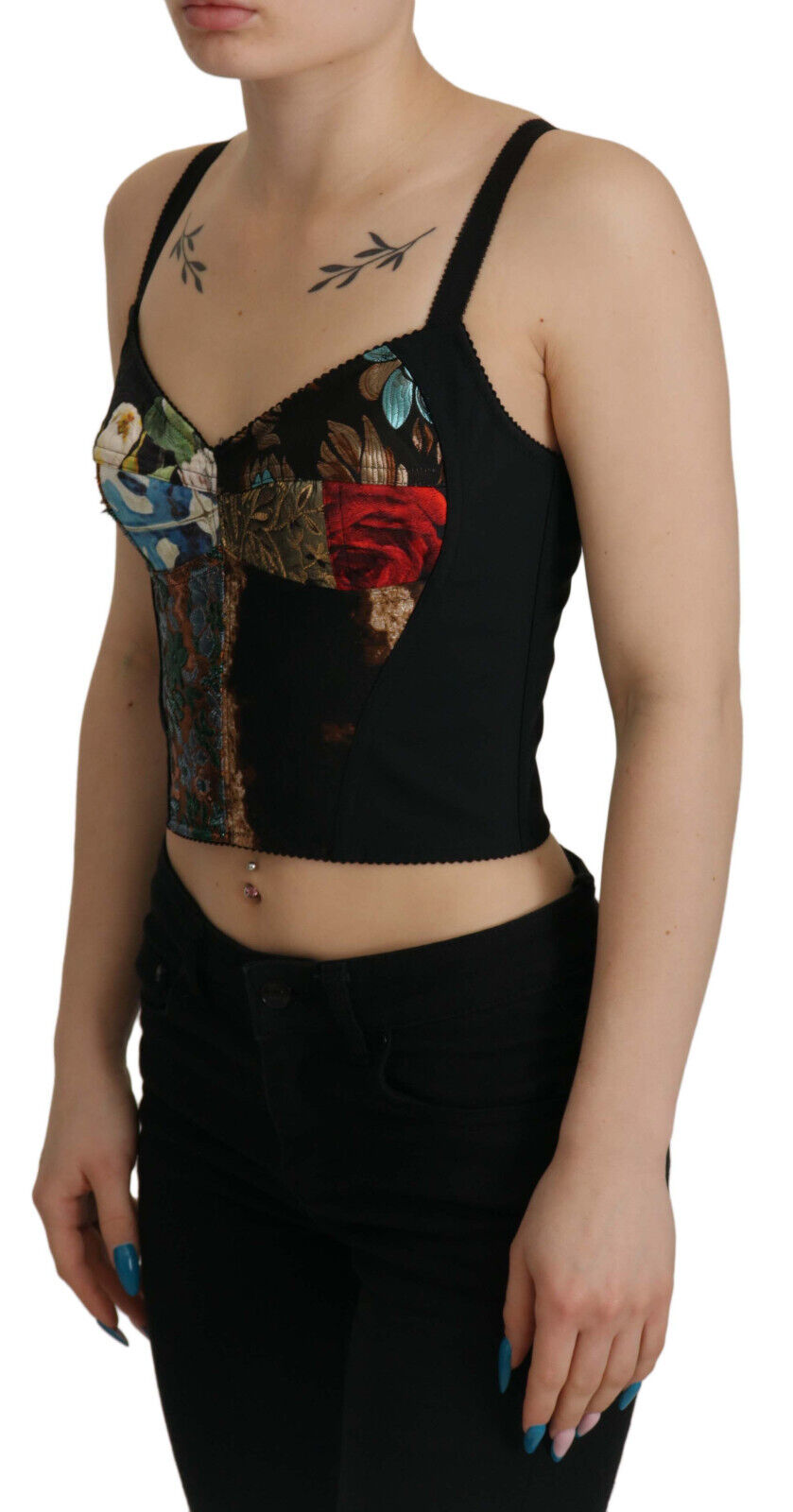Blouse corset cropped Dolce & Gabbana en patchwork noir, style élégant avec détails sophistiqués, vue de face.