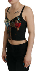 Blouse corset cropped Dolce & Gabbana en patchwork noir, style élégant avec détails sophistiqués, vue de face.