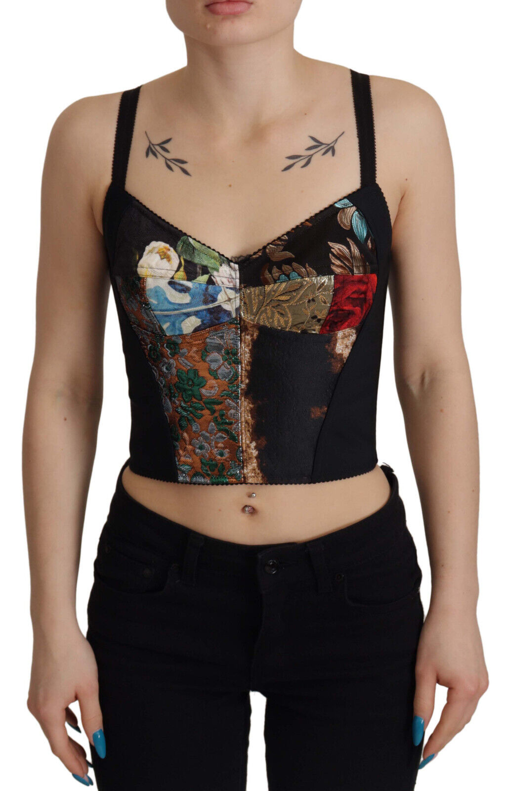 Blouse corselet cropped Dolce & Gabbana en patchwork noir avec détails élégants et tissu texturé.