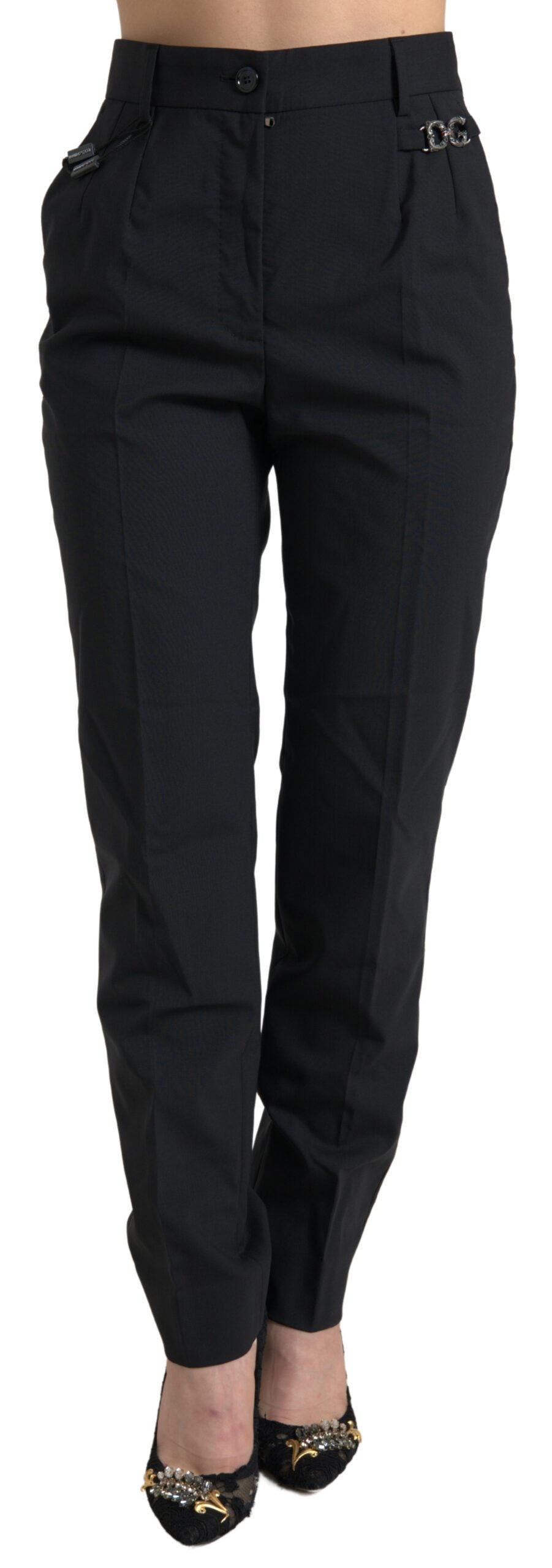 Pantalon noir en laine à taille haute et coupe tapered de Dolce & Gabbana, mode élégante pour femmes.