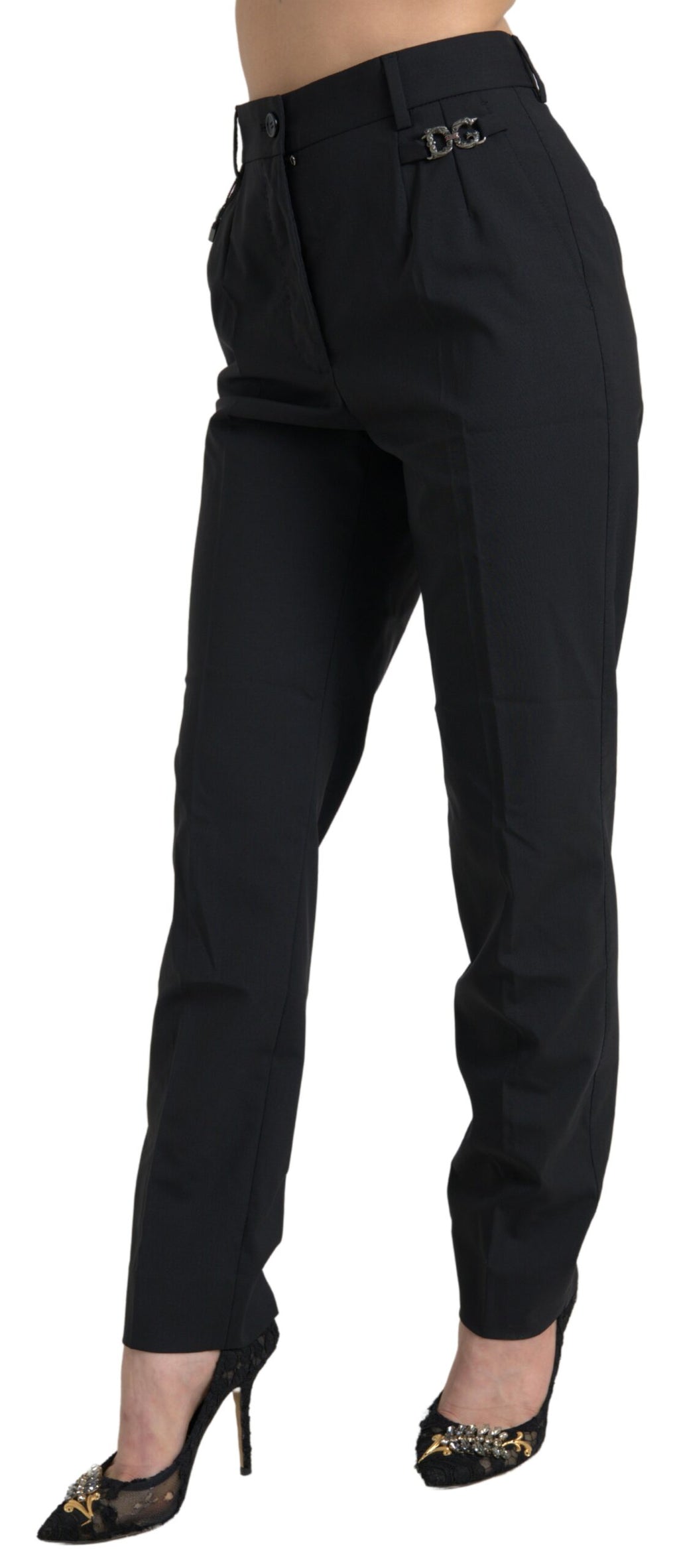 Pantalons noirs en laine à taille haute et coupe tapered de Dolce & Gabbana, style élégant et moderne.