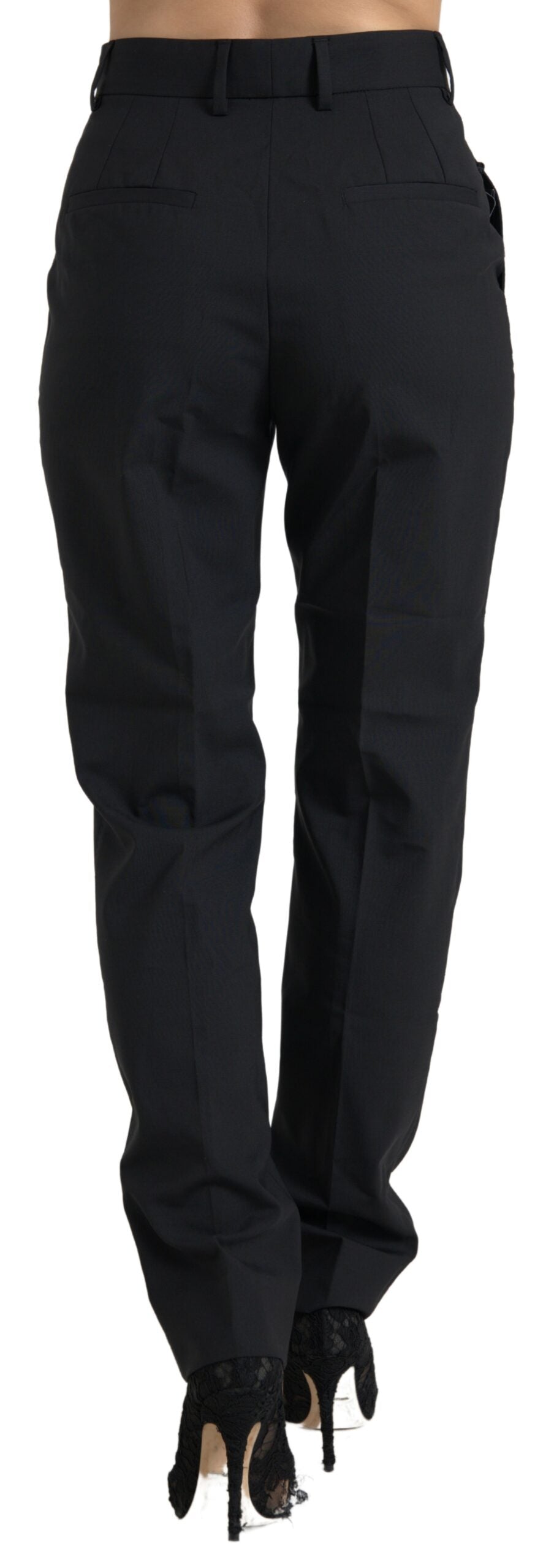Pantalon noir en laine Dolce & Gabbana, taille haute et coupe tapered, affiché sur un fond neutre.