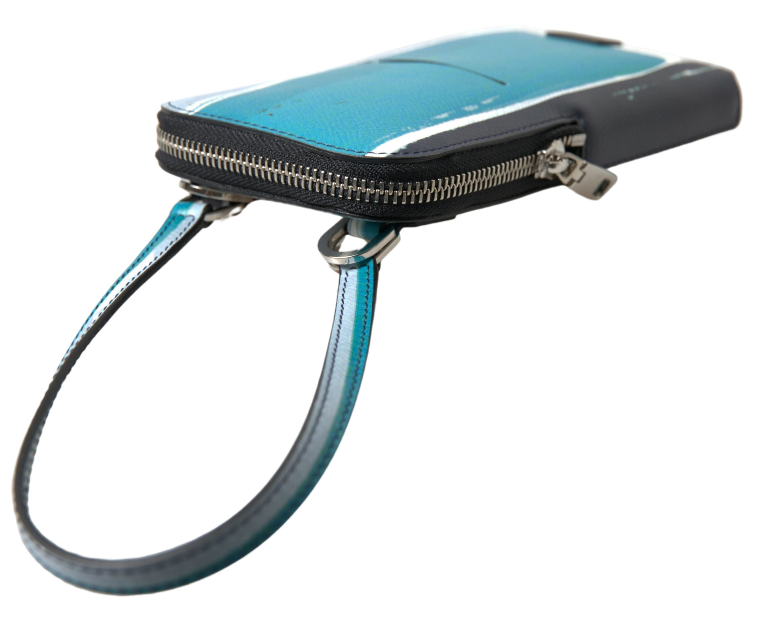 Sac à main Dolce & Gabbana en cuir bleu, bandoulière croisée, idéal pour téléphone et style unisexe.