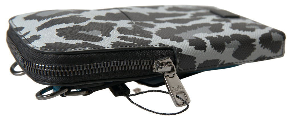 Sac à bandoulière en cuir gris à motif léopard de Dolce & Gabbana, pour homme, avec poche pour téléphone.
