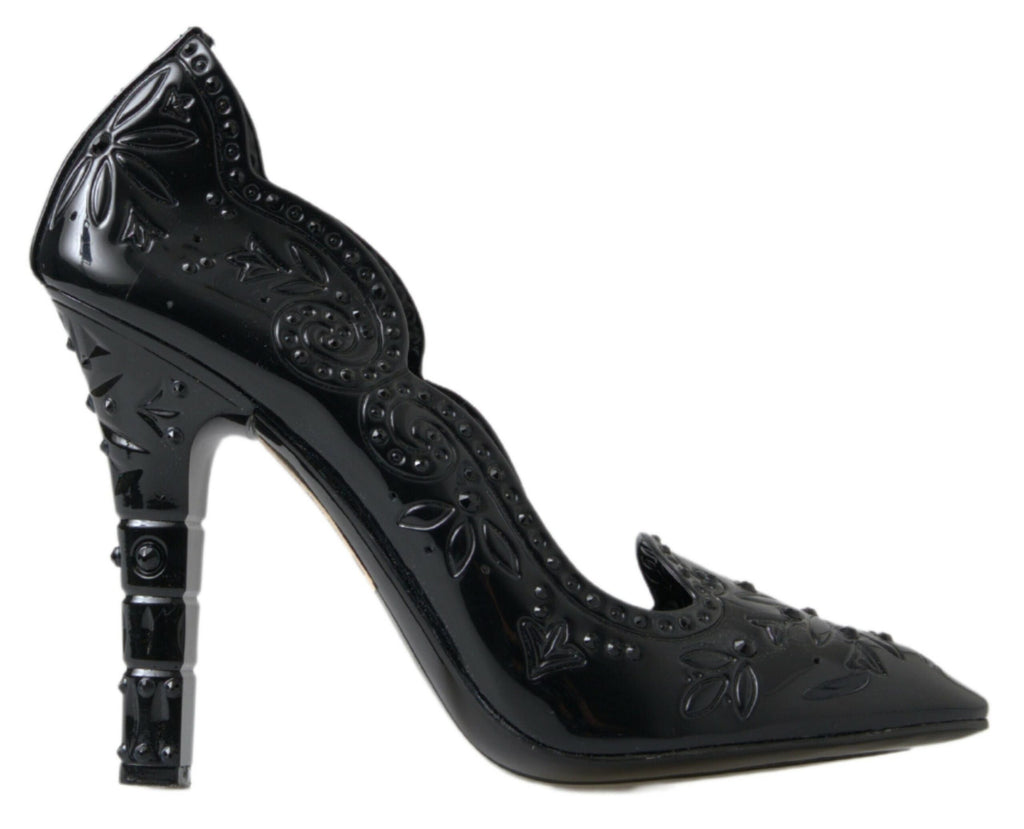 Chaussures à talons noires Dolce & Gabbana CINDERELLA avec fleurs en cristal, élégantes et sophistiquées.