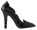 Chaussures à talons noires Dolce & Gabbana CINDERELLA avec fleurs en cristal, élégantes et sophistiquées.