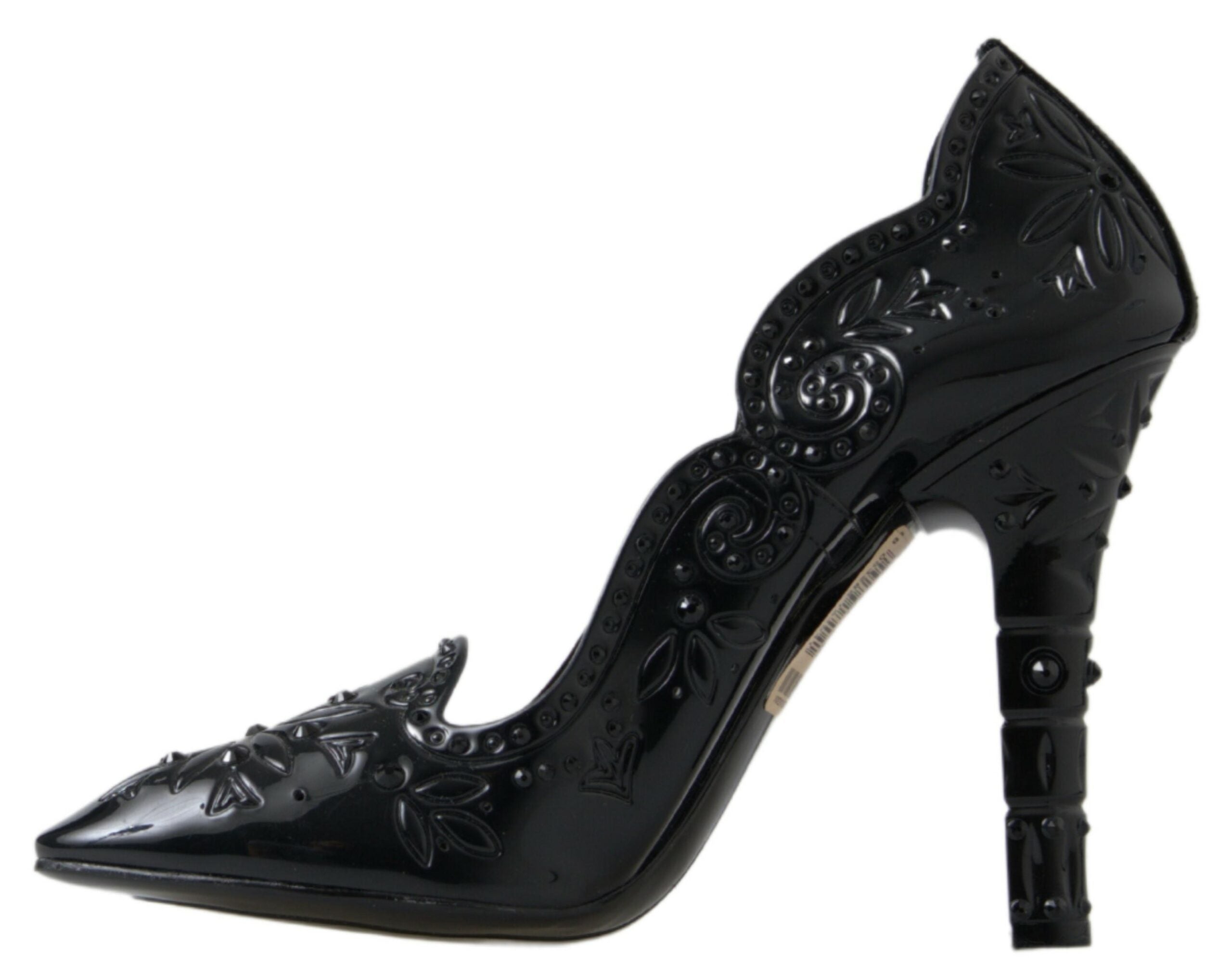 Chaussures à talons noires Dolce & Gabbana CINDERELLA avec fleurs en cristal, élégantes et sophistiquées.