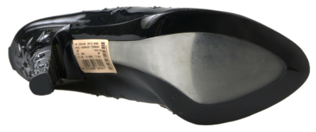 Chaussures à talons Dolce & Gabbana CINDERELLA noires avec motifs floraux et cristaux, élégantes et raffinées.