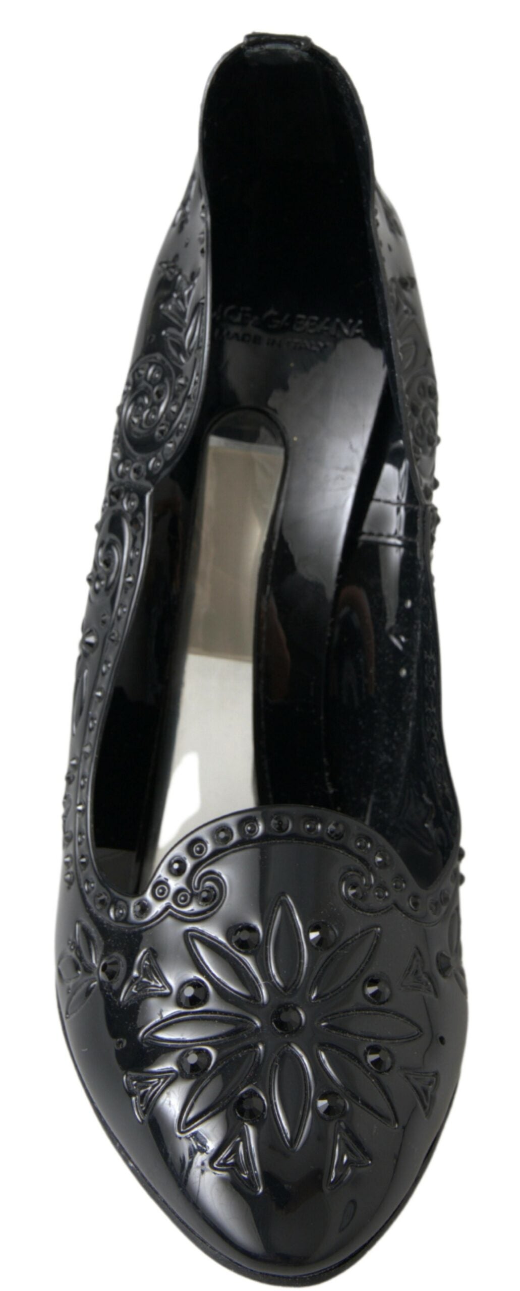 Chaussures à talons noires Dolce & Gabbana Cinderella avec fleurs en cristal, élégantes et ornées de détails floraux brillants.