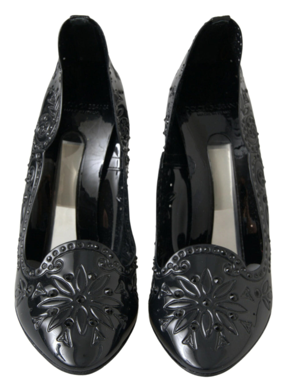 Chaussures à talons noires Dolce & Gabbana CINDERELLA avec fleurs en cristal, élégantes et ornées de détails floraux étincelants.