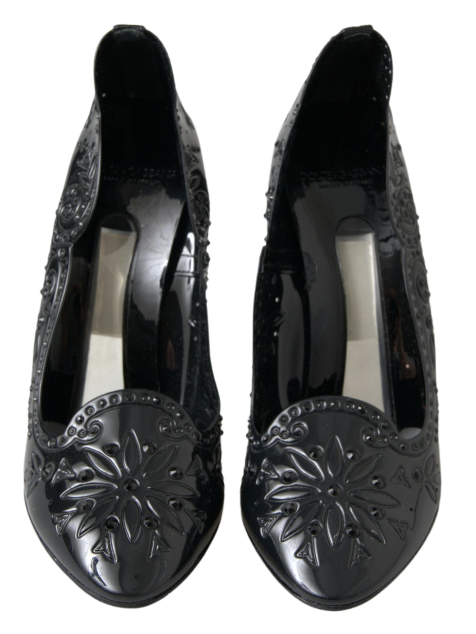 Chaussures à talons noires Dolce & Gabbana CINDERELLA avec fleurs en cristal, élégantes et ornées de détails floraux étincelants.