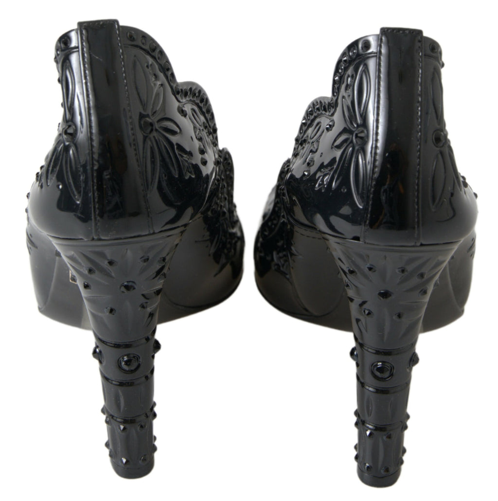 Chaussures à talons Dolce & Gabbana CINDERELLA noires avec motifs floraux et cristaux, style élégant et sophistiqué.