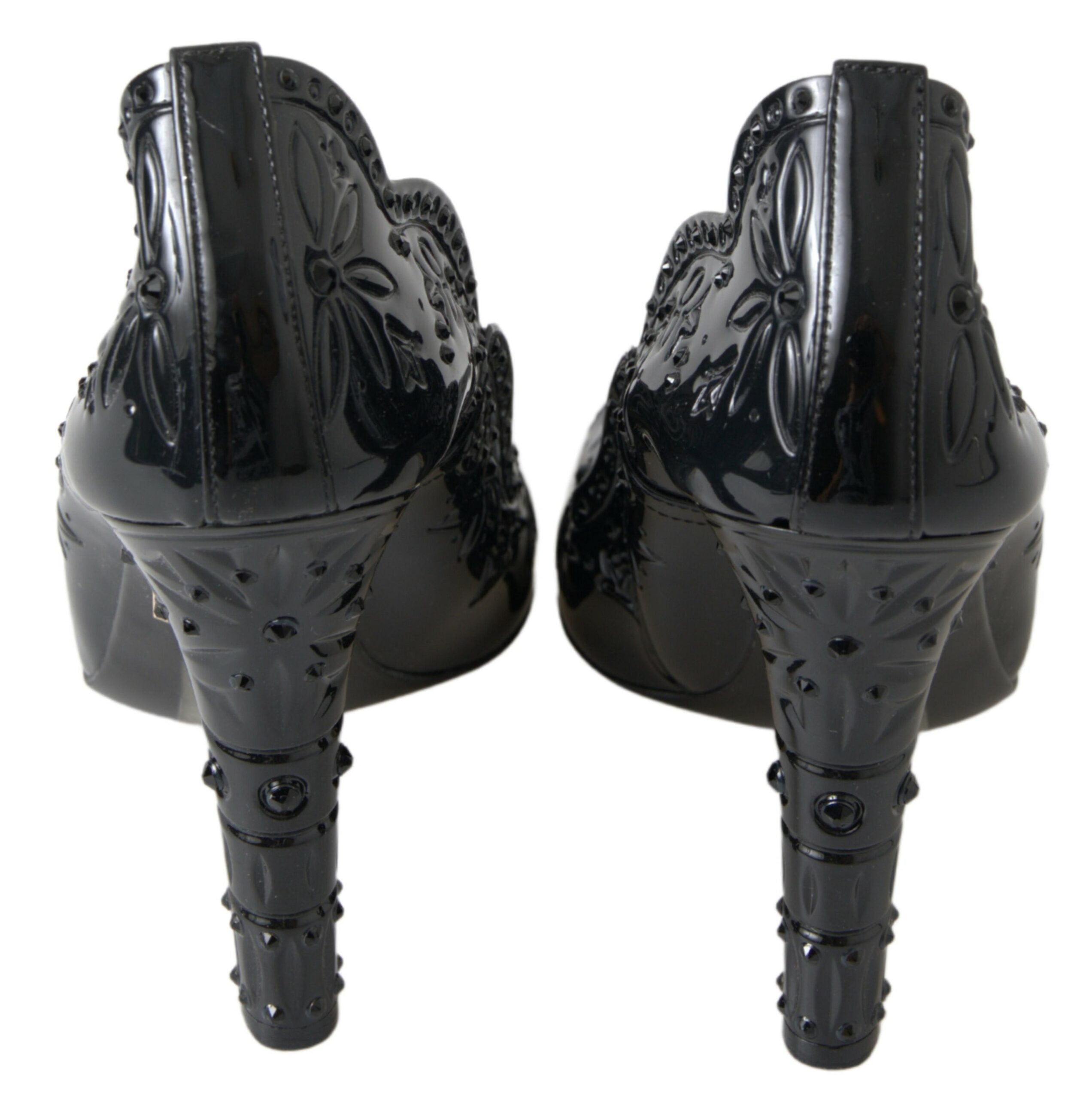 Chaussures à talons Dolce & Gabbana CINDERELLA noires avec motifs floraux et cristaux, style élégant et sophistiqué.