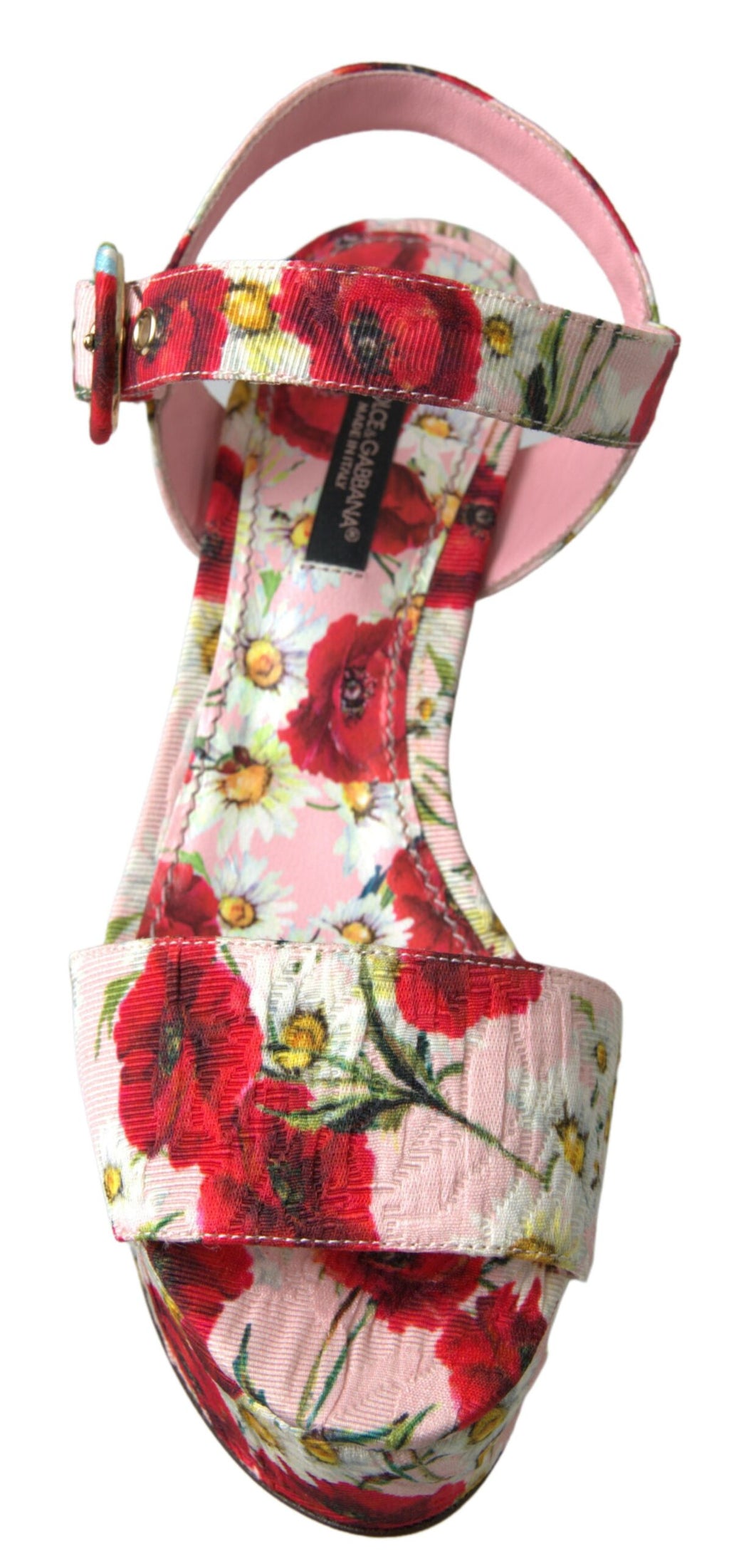 Sandales compensées Dolce & Gabbana à motifs floraux multicolores avec bride à la cheville, style élégant et coloré.