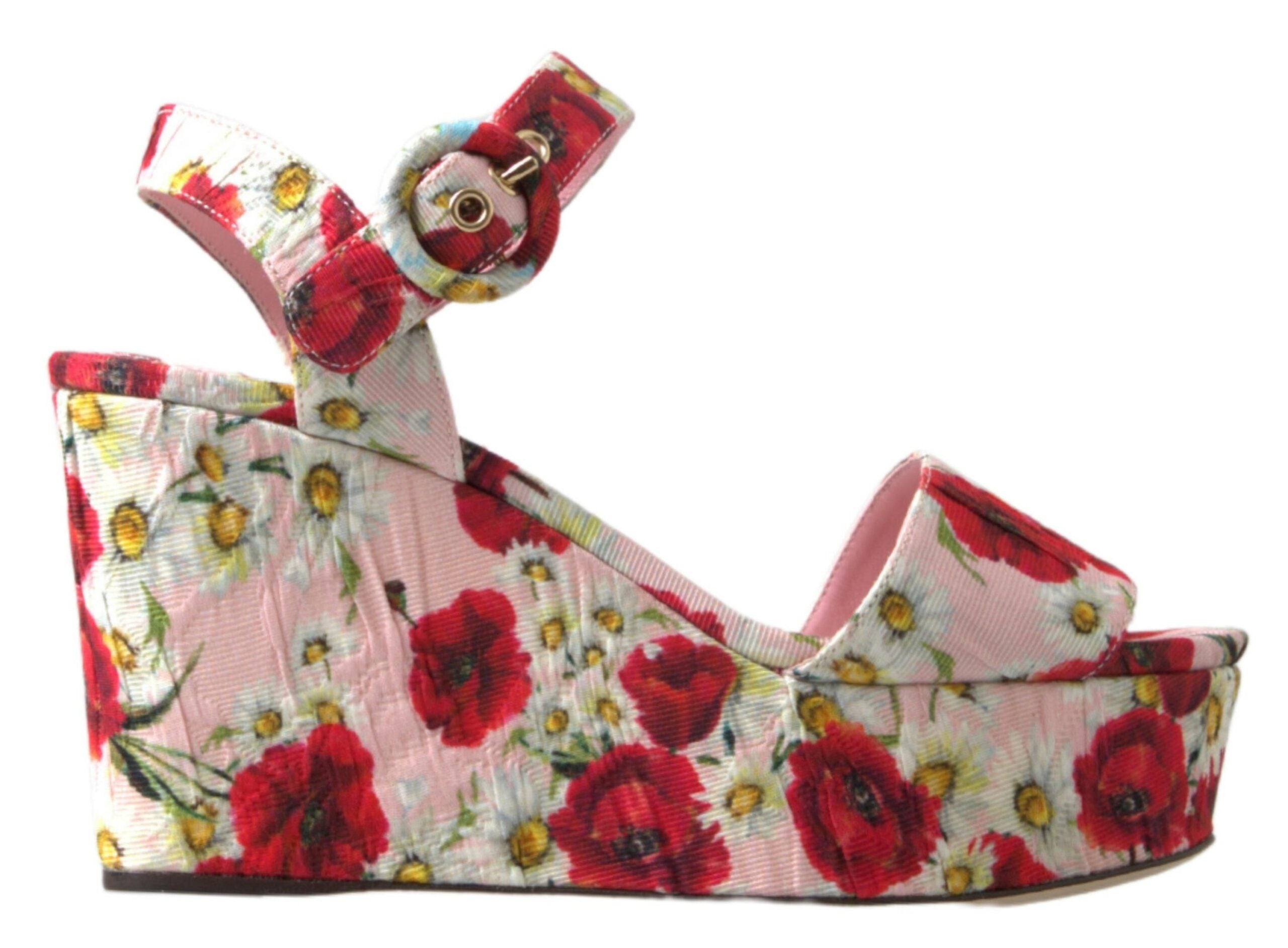 Sandales à talons Dolce & Gabbana à fleurs multicolores avec bride à la cheville, modèle espadrille floral.