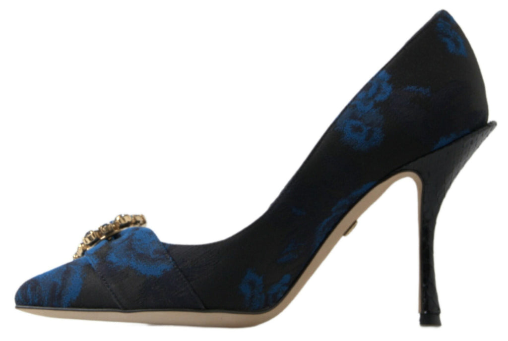Chaussures à talons Dolce & Gabbana Blue Floral Ayers avec cristaux, élégantes et florales, vues en gros plan.